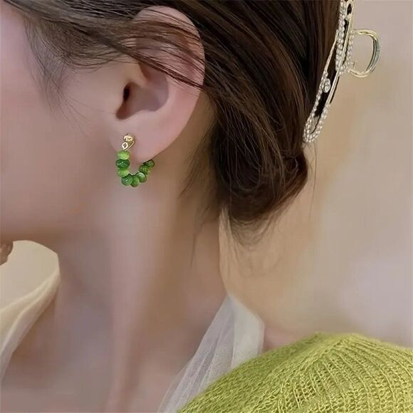 Retro Vintage Green Opal Hoop Earrings, Huggie Earrings Girl Womens Dangle Hoops - Picture 2 of 5